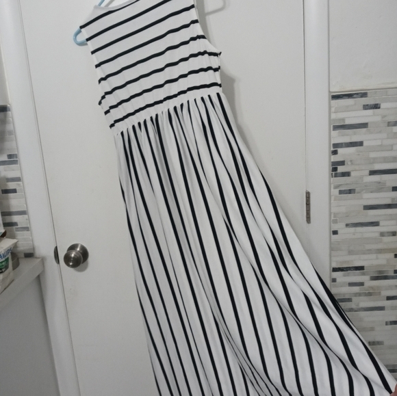 Black/White contrasting Stripes Longline Summer T shirt Tank Dress w Pockets M - Picture 8 of 8